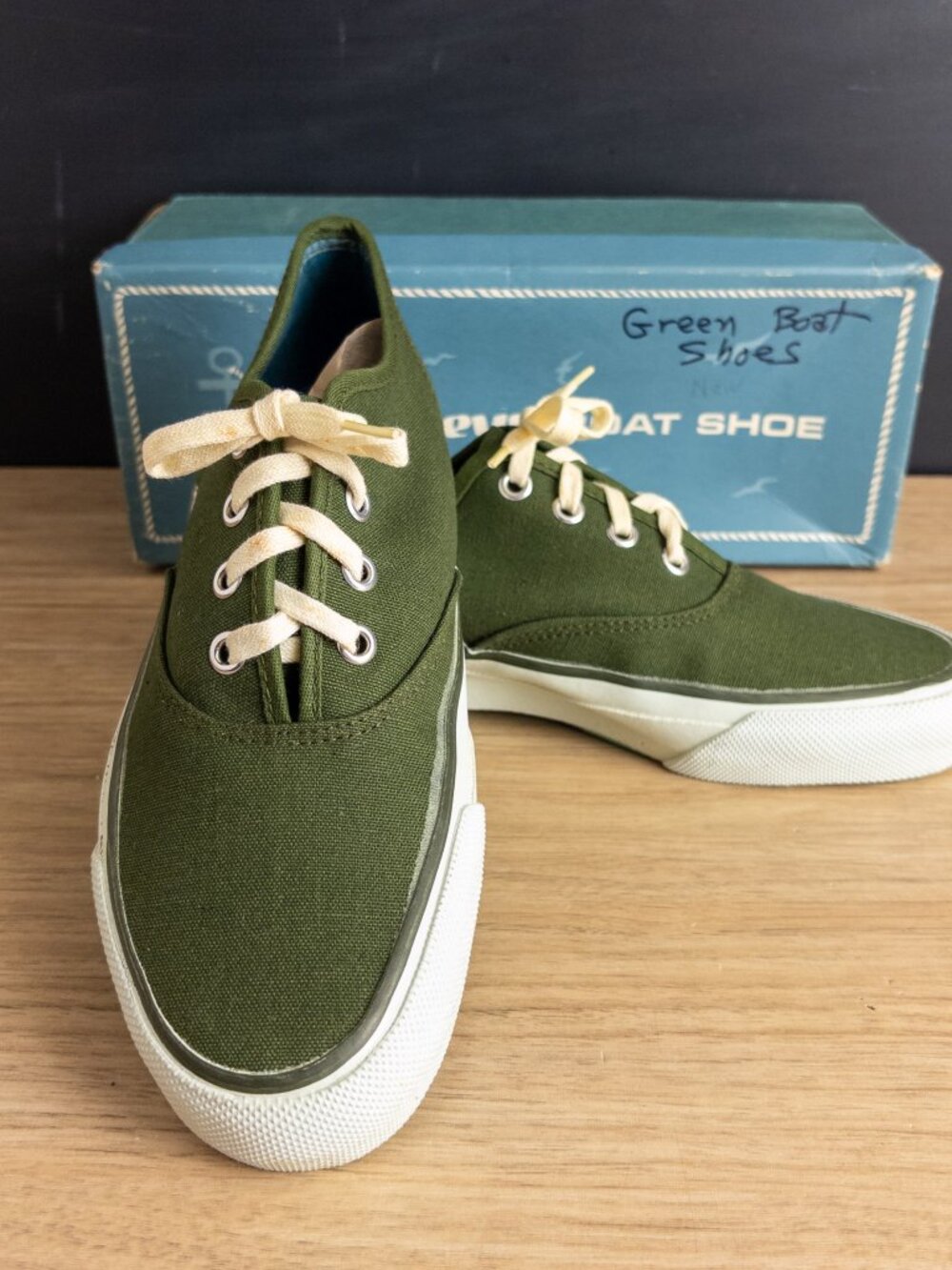 Vintage 1960s-70s JC Penney Loden Green Canvas Boat Shoes Deadstock Original Box